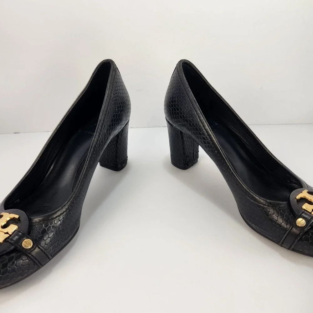 Tory Burch Janey Women's Elegant Classy Black Leather Block Heel Logo Pumps 7M